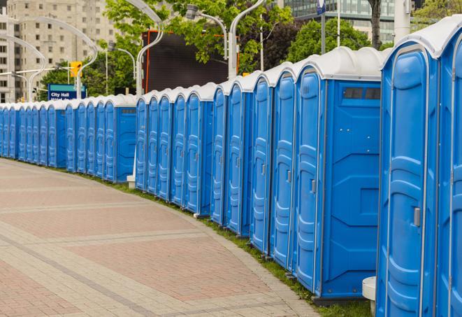 a row of portable restrooms ready for eventgoers in Allston